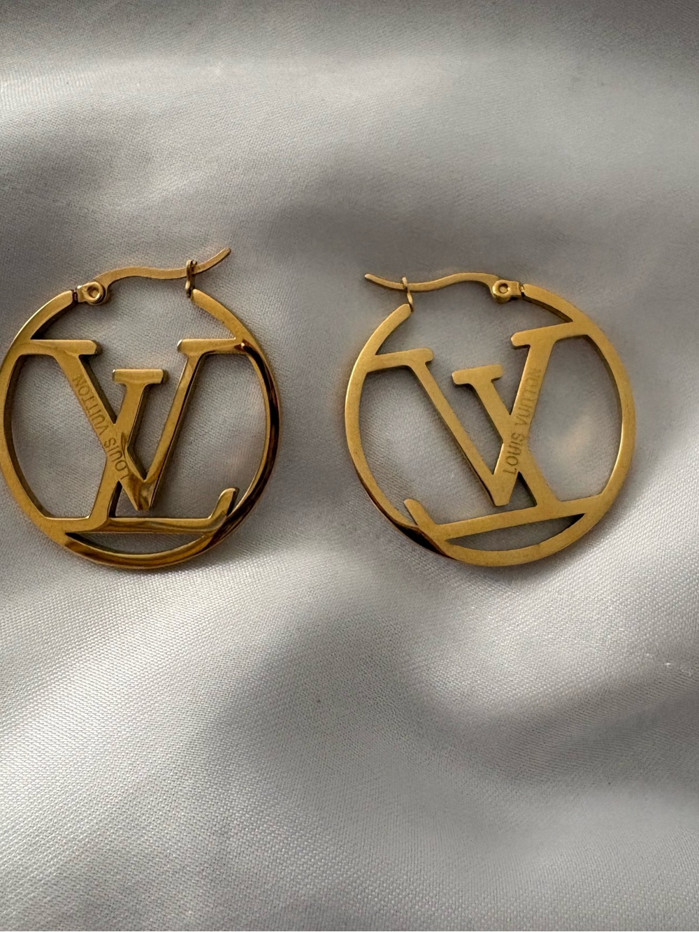 Gold Tone Stainless Steel Monogram Hoop Earrings Statement NWOT